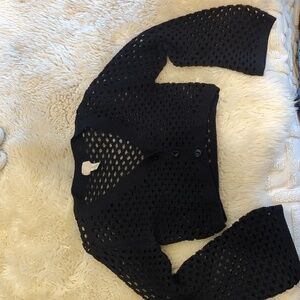 Cropped heavy crochet knit bell sleeve sweater